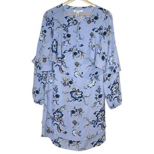 White House Black Market Floral Ruffle Long Sleeve Shift Dress Size XS Blue